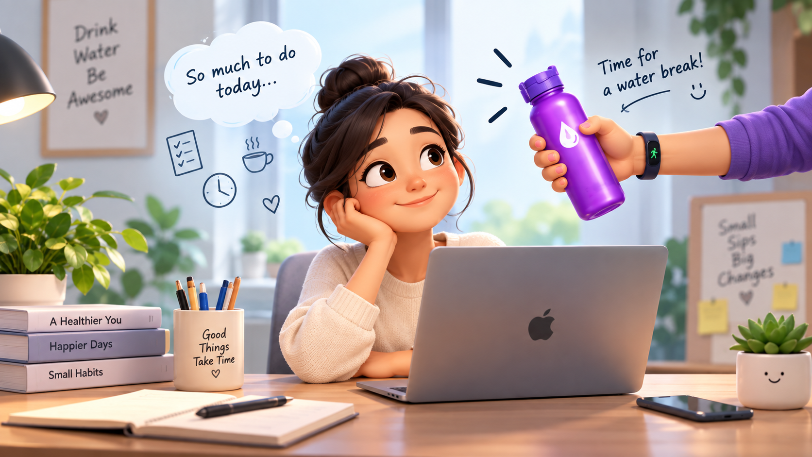An illustration of someone working at their laptop while a friendly hand offers them a water bottle
