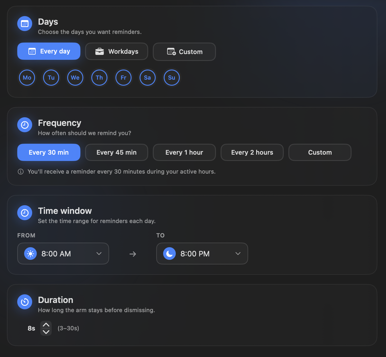 Bottle's schedule settings: days, frequency, time window, and duration